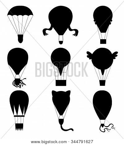 Flat Illustration Of Hot Air-balloons. Collection Of Diferent Typs Cartoon Animals And Burn Colorful
