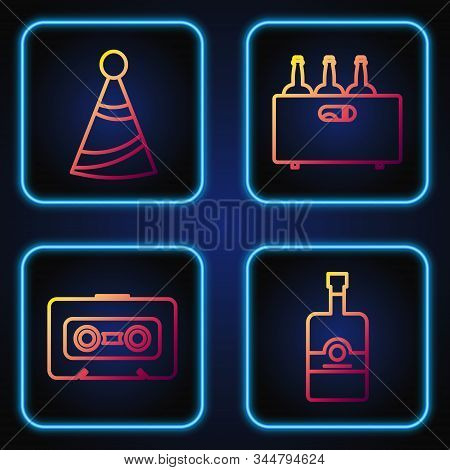 Set Line Whiskey Bottle , Retro Audio Cassette Tape , Party Hat And Bottles Of Wine In A Wooden Box 