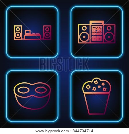 Set Line Popcorn In Cardboard Box , Festive Mask , Home Stereo With Two Speakers And Home Stereo Wit