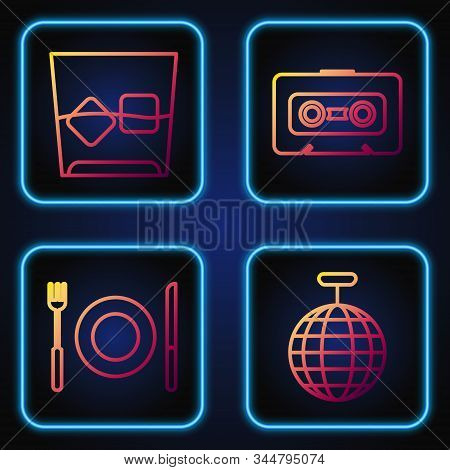 Set Line Disco Ball , Plate, Fork And Knife , Glass Of Whiskey And Ice Cubes And Retro Audio Cassett