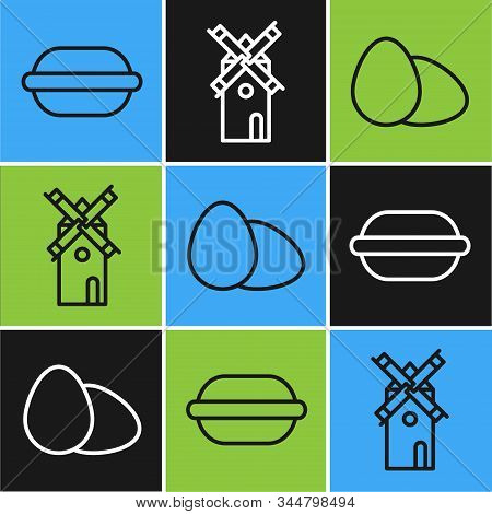 Set Line Macaron Cookie , Chicken Egg And Windmill Icon. Vector
