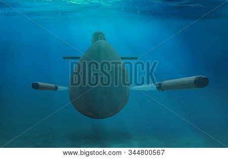 Naval Military Submarine Firing Torpedoes Under Water