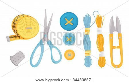 Sewing Notions And Sewing Supplies Vector Set. Tools For Handmade Activity Collection