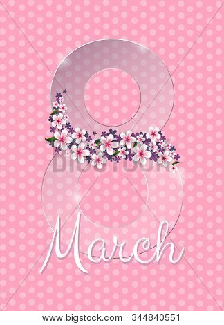 Happy womens day. Postcard for March 8. Glass number 8, red tulips in paper style. 8 march, womans day, womens day background, womens day banners, womens day flyer, womens day design, womens day with flowers on red background, Copy space text area, vector