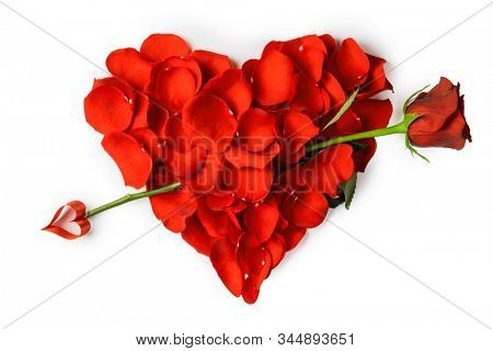 Rose petals in a shape of a heart with rose arrow isolated on white background