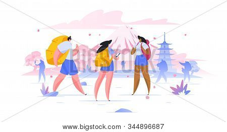 Sightseeing Holiday In Asia Flat Vector Illustration Travelers With Baggage