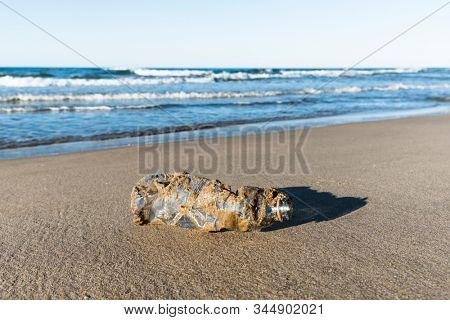 closeup of a used plastic bottle, covered with wet sand, on the sand of a lonely beach, brought back by the ocean to the seashore