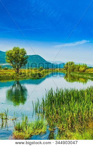 Gacka River Flowing Between Trees And Fields Of Grass, Summer View, Lika Region Of Croatia