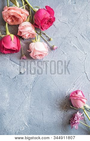 Bouquet Of Pink Roses On A Gray Background. Zero Waste Gift On Mothers Day. Womens Day Card. 8 March