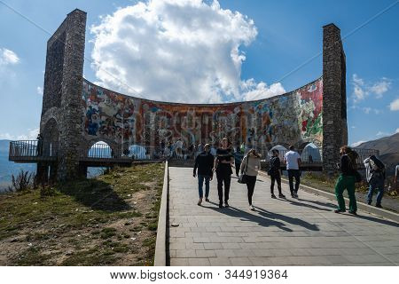 Gudauri, Georgia - October 2019: Soviet And Georgian Friendship Monument Near Guduari Ski Resort In 