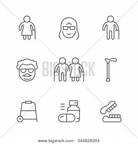 Set Line Icons Of Older People Isolated On White. Old Person, Grandfather And Grandmother, Retired P