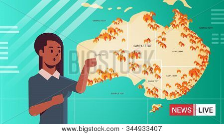 Breaking News African American Reporter Live Brodcasting Showing Map Of Australia With Symbols Of Bu
