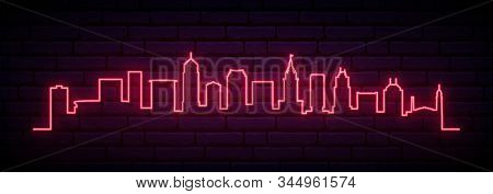 Red Neon Skyline Of Cleveland City. Bright Cleveland Long Banner. Vector Illustration.