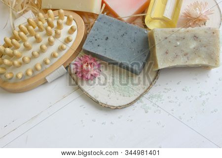 Handmade Natural Soap On Wooden Background. Spa Natural Treatments.natural Soap, Handmade Organic Na