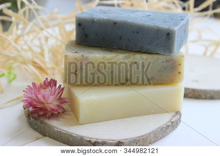Handmade Natural Soap On Wooden Background. Spa Natural Treatments.natural Soap, Handmade Organic Na