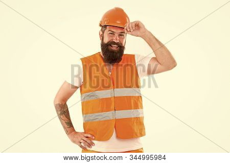 Strong Handsome Builder. Creating Solid Foundation. Man Protective Hard Hat And Uniform White Backgr