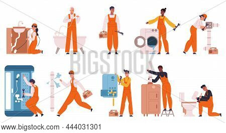 Plumbers Fixing Leakage, Repairing Pipes And Heating System. Home Repair Masters, Plumber Characters