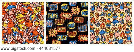 Psychedelic Abstract Pattern. Seamless Print With Comic Cartoon Characters And Retro Graphic Shapes.