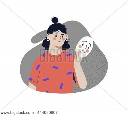 Girl With Mask. Metaphor Of Pretense. Character Wants To Appear Different From Who He. False And Fal