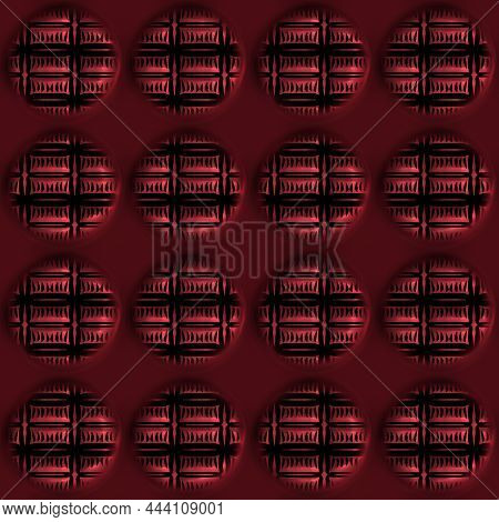 Red Metal Effect Decorative Oriental Texture. Seamless Engraved Oxidised 3d Circle Motif Pattern. Or