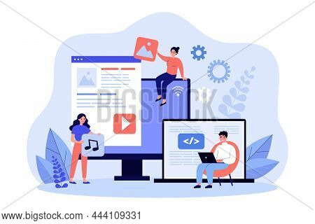 Team Of Workers Creating Website And Adding Pictures And Music. Tiny Content Creators Flat Vector Il