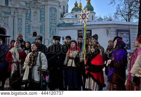 Kyiv, Ukraine - December 25, 2021: St. Sophia Cathedral. Participants Traditional Christmas Of Verte