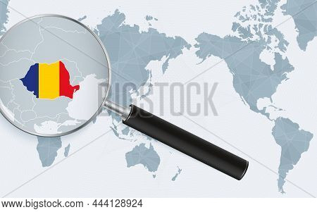 Asia Centered World Map With Magnified Glass On Romania. Focus On Map Of Romania On Pacific-centric 