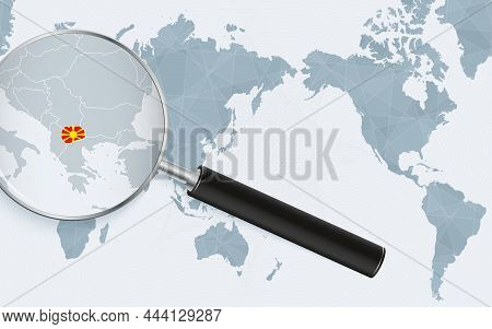 Asia Centered World Map With Magnified Glass On Macedonia. Focus On Map Of Macedonia On Pacific-cent