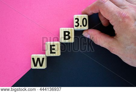 Web 3.0 Symbol. Wooden Cubes With Concept Words Web 3.0. Beautiful Purple And Black Background, Copy