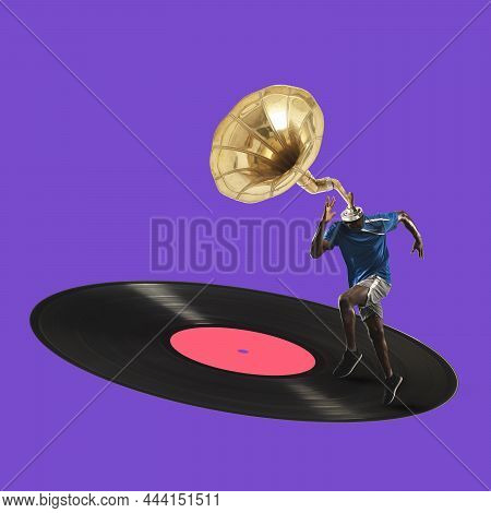 Contemporary Art Collage Of Athlete With Trumpet Heaad Running On Vinyl Record Isolated Over Purple 