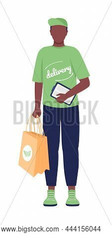 Courier Man From Eco Service Semi Flat Color Vector Character. Posing Figure. Full Body Person On Wh