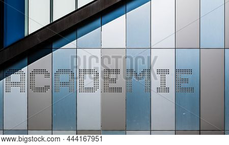 Dilbeek, Flemish Brabant Region, Belgium - 7 2 2021: Abstract Colors And Lines From The Facade Of A 