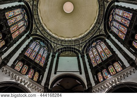 Schaerbeek, Brussels/ Belgium - 08 14 2018: Ceiling And Decorated Walls Of The Saint Mary Royal Chur