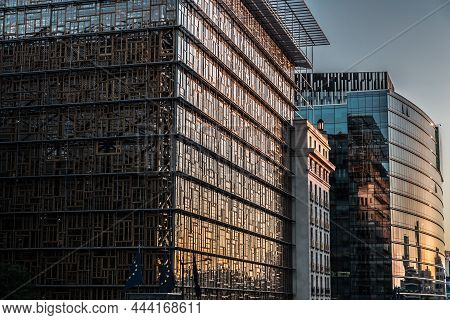 Brussels, Belgium -  06 26 2018: Facade Of The European Council In Brussels Downtown At Dusk