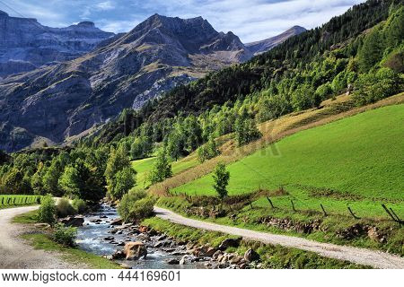 French Pyrenees Landscape. Cirque De Gavarnie Mountain Valley In Pyrenees National Park (french: Par