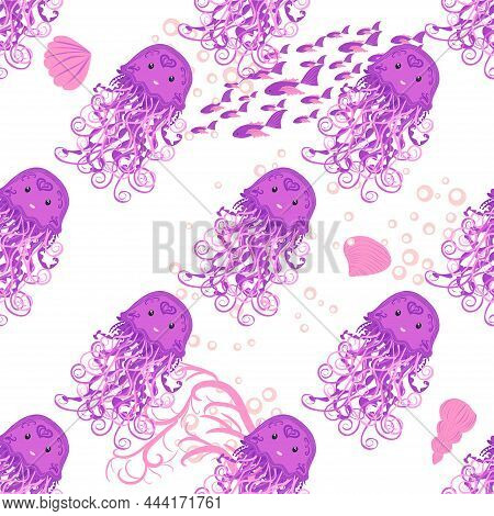 Jellyfish, Fish, Animals Bright Seamless Patterns. Sea Travel, Snorkeling With Animals, Tropical Fis