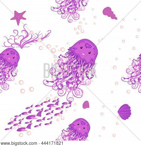 Jellyfish, Fish, Animals Bright Seamless Patterns. Sea Travel, Snorkeling With Animals, Tropical Fis