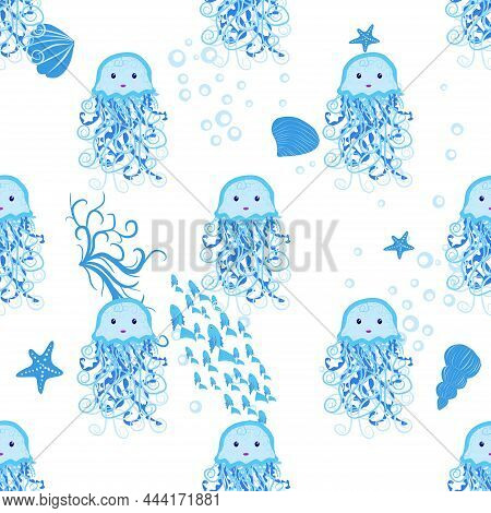 Jellyfish, Fish, Animals Bright Seamless Patterns. Sea Travel, Snorkeling With Animals, Tropical Fis