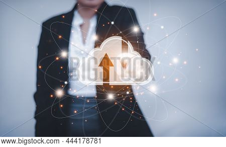 Business Woman Touching Connect To Data Information On Cloud Computing Network. Cloud Computing Conc