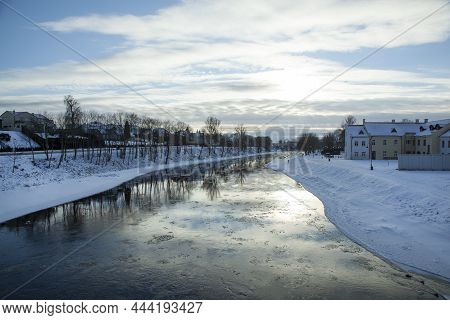 The Sunset View Of Nevezis River In Winter In Kedainiai Historic Town (lithuania).