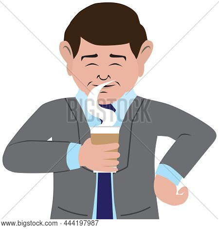 A Businessman In A Suit Is Savoring His Morning Cup Of Coffee