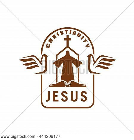 Jesus God Icon Of Christian Religion Or Church, Vector Catholic Or Protestant Symbols. Christianity 