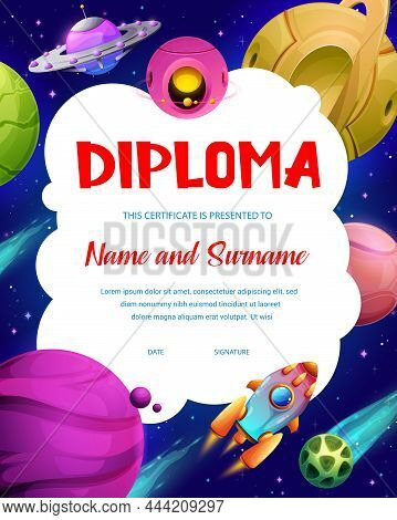 Fantasy Cyberpunk Space Planets And Spaceship, Kids Diploma Or School Certificate, Vector. School Ap