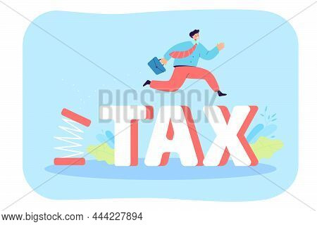 Cartoon Businessman Pushing Off And Jumping Over Taxes. Flat Vector Illustration. Happy Employee Get