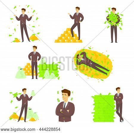 Happy Rich Man In Different Poses Standing Near Money And Holding It. Much Money And Gold Cartoon Ve