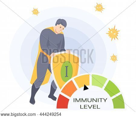 Man In Super Man Costume And Circular Spectrum Of Level Of Immunity. Power Of Imunity To Fight Disea