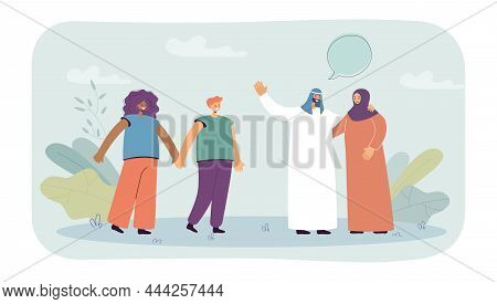 Hugging Arabian Couple And Man Holding Hands With Woman Of Color Having Talk. Interracial Couples Fl