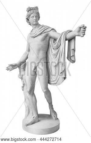 Perspective view of famous roman greek copy of apolo di belvedere sculpture isolated on white background