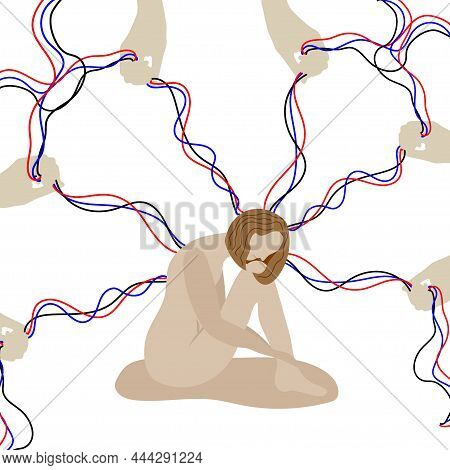 The Concept Of Influence Or Manipulation. Other People's Hands Control A Woman's Emotions And Psycho