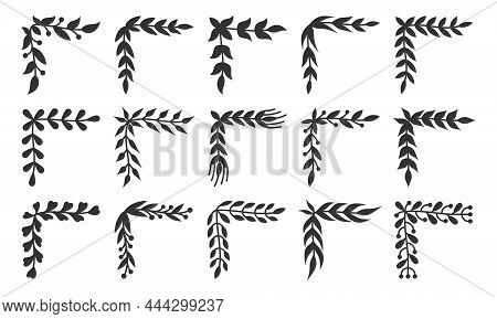 Corner Border Black Silhouette Set. Geometric Frame For Vintage Floral Monogram Signboard. Text Deco